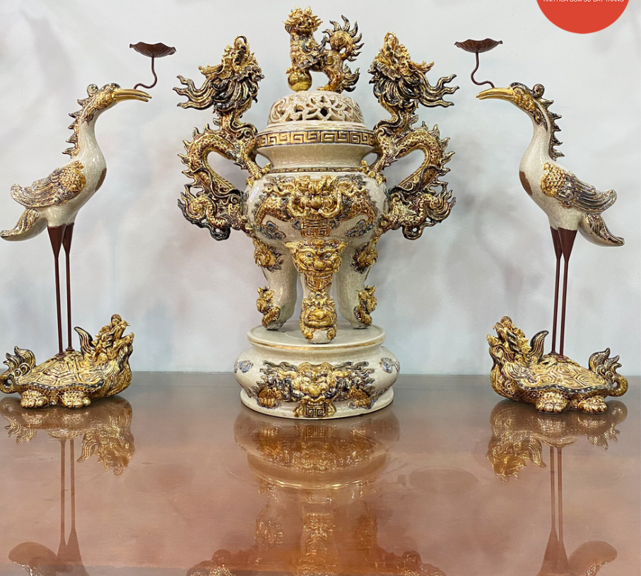 BỘ ĐỈNH HẠC SỨ MEN RẠN ĐẮP NỔI BÁT TRÀNG CAO 61CM 5